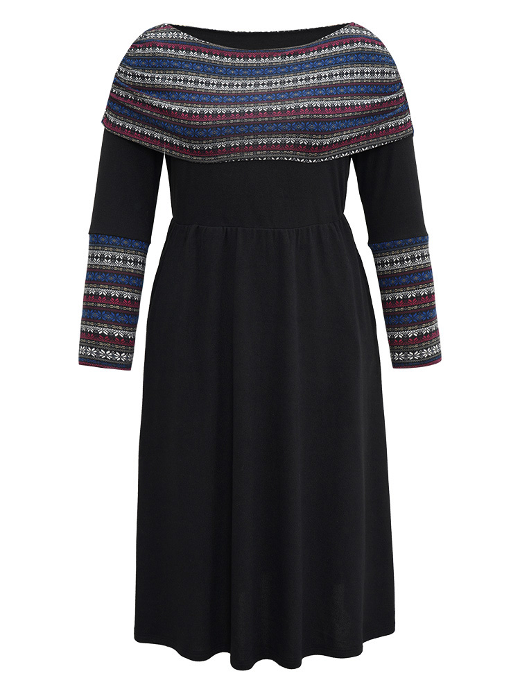 Plus Size Boat Neck Striped Contrast Gathered Dress Black Women Office Gathered Boat Neck Long Sleeve Curvy Midi Dress BloomChic 10/M 