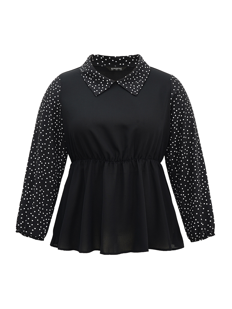 Plus Size Women Work Polka Dot Elastic cuffs Lantern Sleeve Long Sleeve Lapel Collar At the Office Blouses BloomChic 