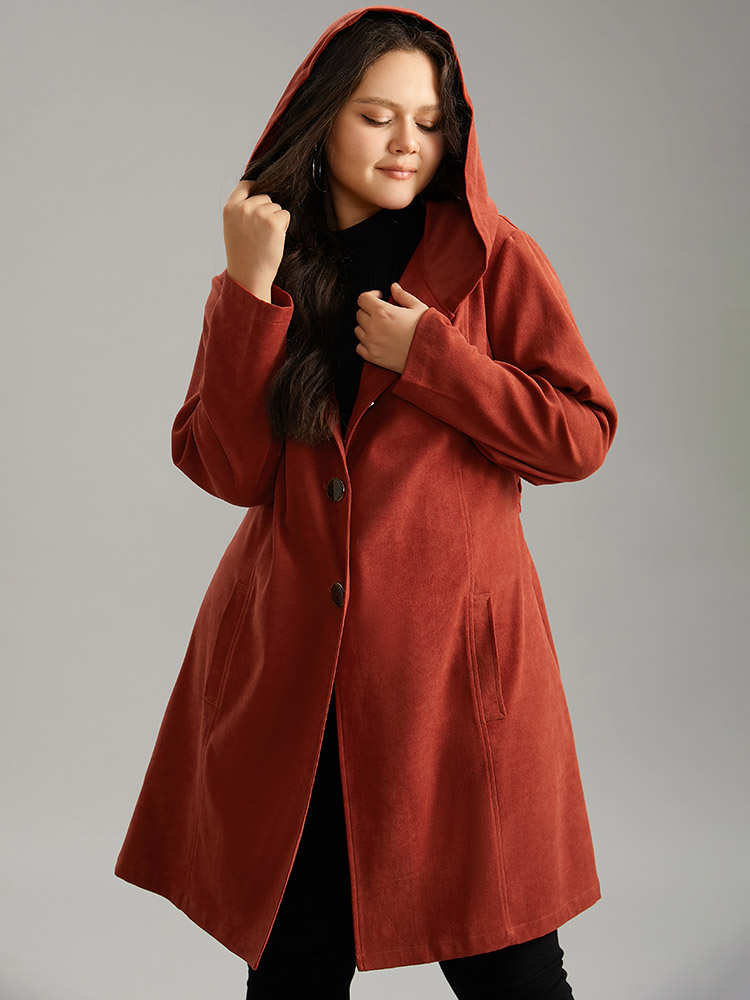 

Plus Size Solid Belted Button Up Hooded Coat Women Russet Casual Plain Ladies Dailywear Winter Coats BloomChic