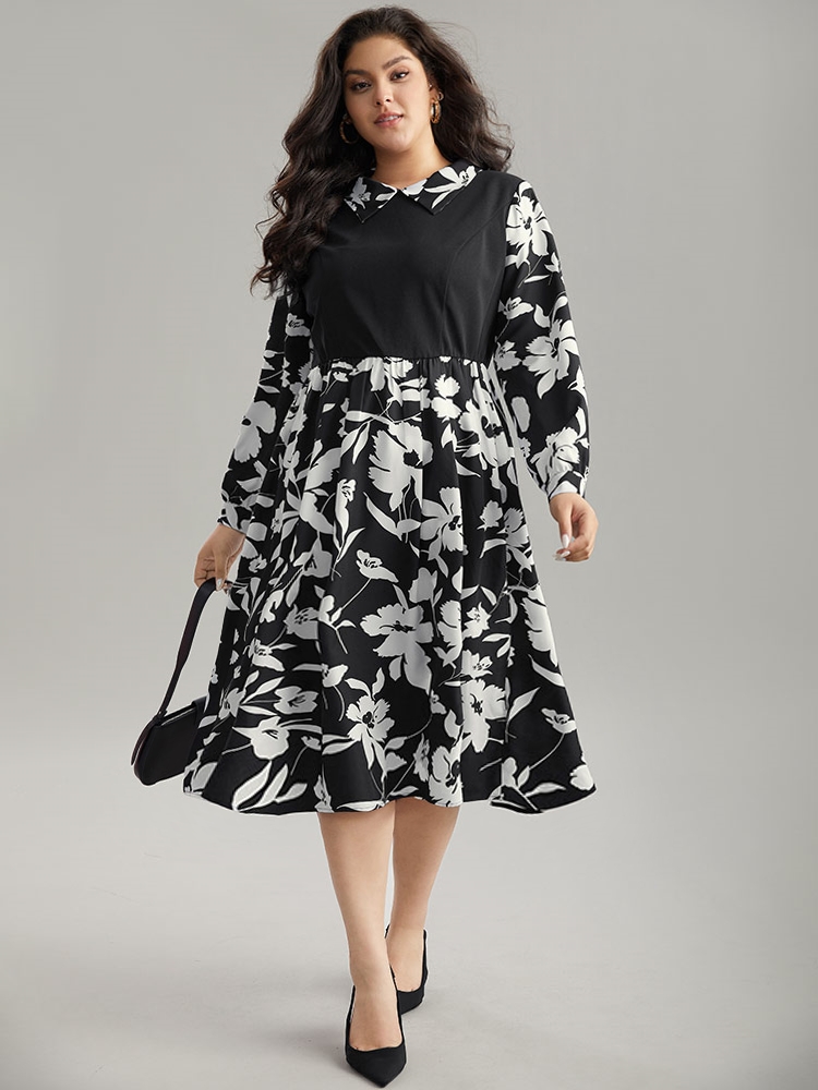 Plus Size Women Work Silhouette Floral Print Printed Regular Sleeve Long Sleeve Lapel Collar Pocket Office Dresses BloomChic 