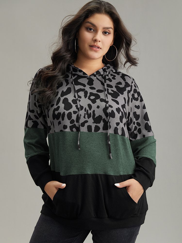 

Plus Size Leopard Colorblock Contrast Hooded Drawstring Sweatshirt Women Green Casual Contrast Hooded Dailywear Sweatshirts BloomChic