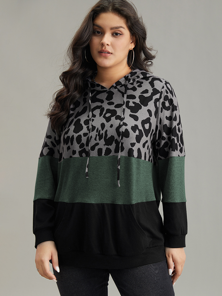Plus Size Leopard Colorblock Contrast Hooded Drawstring Sweatshirt Women Green Casual Contrast Hooded Dailywear Sweatshirts BloomChic 30/6X 