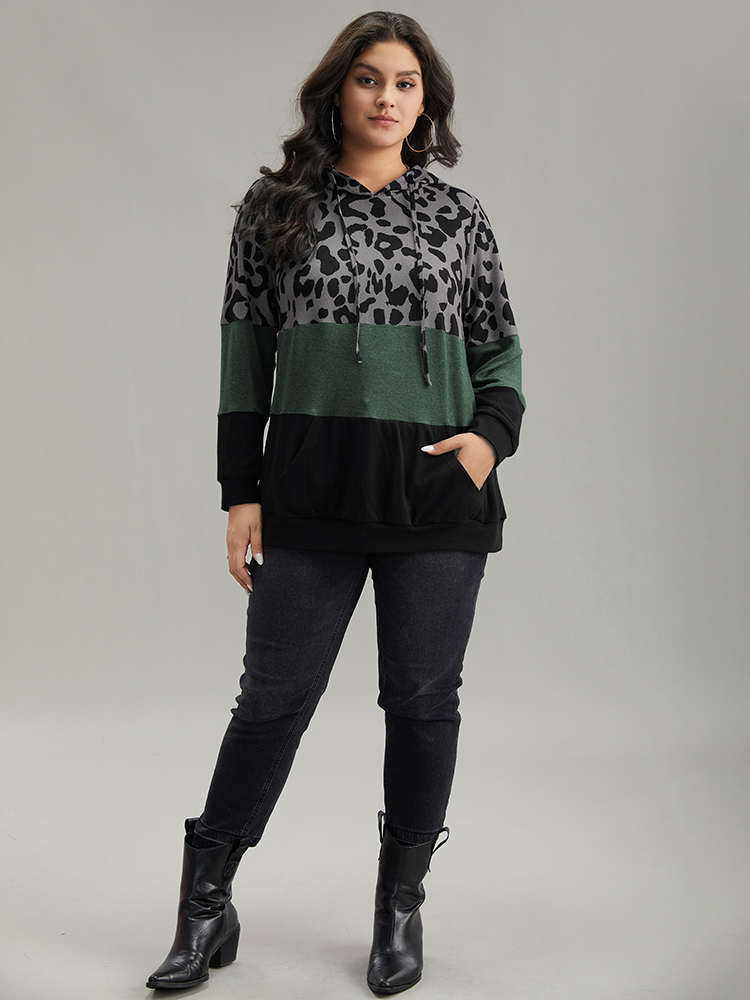 Plus Size Leopard Colorblock Contrast Hooded Drawstring Sweatshirt Women Green Casual Contrast Hooded Dailywear Sweatshirts BloomChic 30/6X 