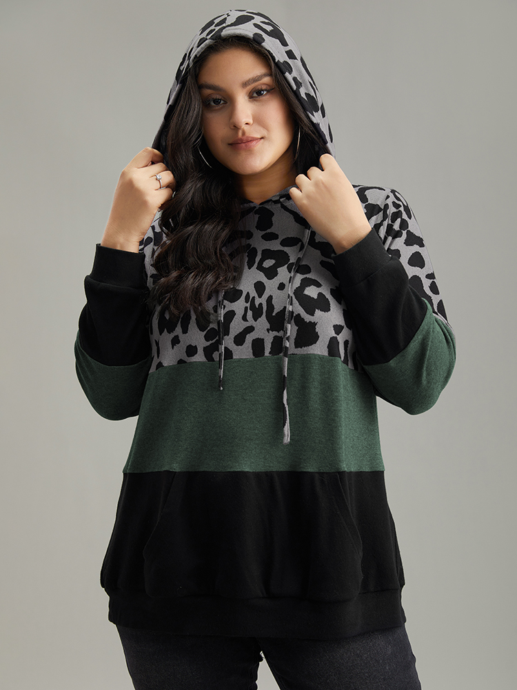 

Plus Size Leopard Colorblock Contrast Hooded Drawstring Sweatshirt Women Green Casual Contrast Hooded Dailywear Sweatshirts BloomChic