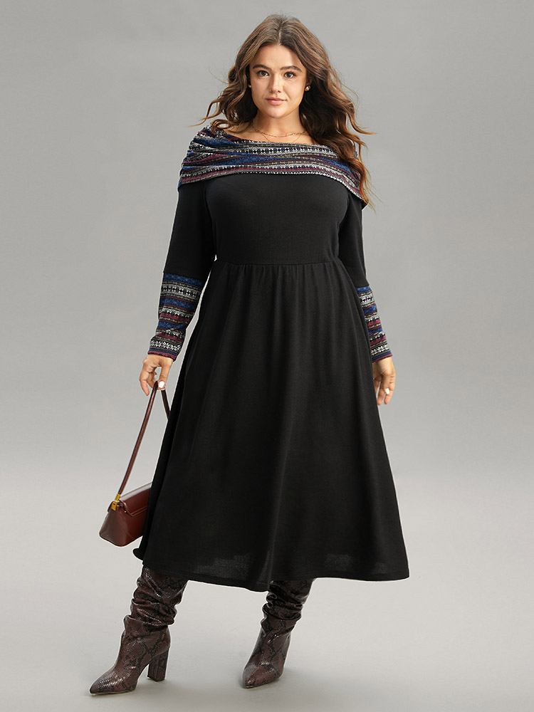 

Plus Size Boat Neck Striped Contrast Gathered Dress Black Women Office Gathered Boat Neck Long Sleeve Curvy Midi Dress BloomChic