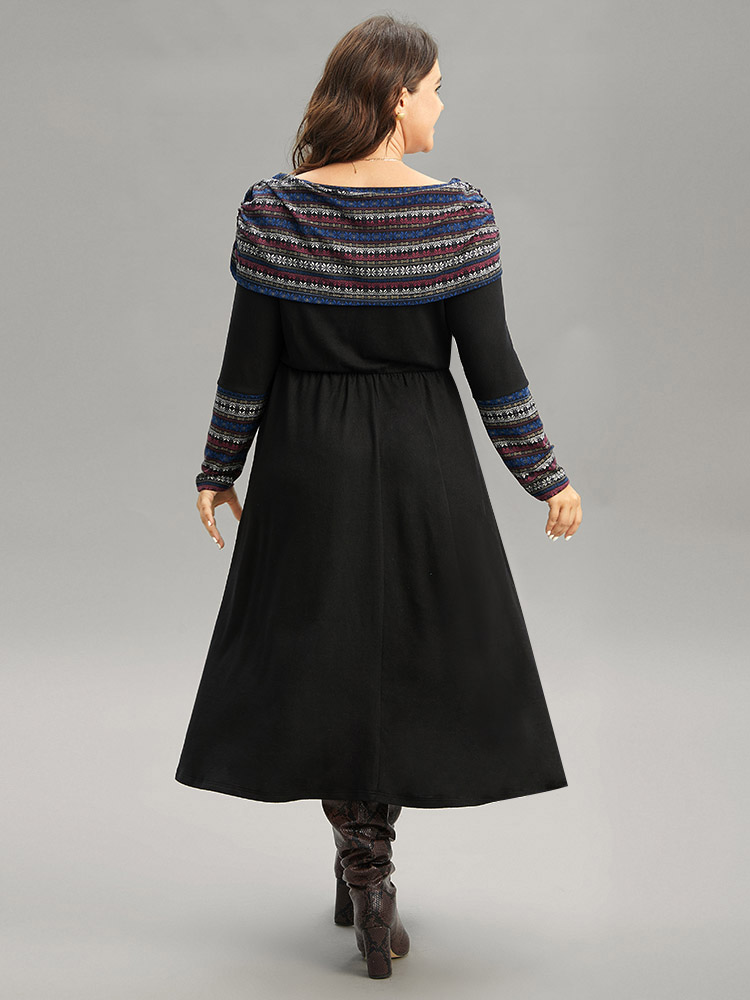 Plus Size Boat Neck Striped Contrast Gathered Dress Black Women Office Gathered Boat Neck Long Sleeve Curvy Midi Dress BloomChic 10/M 