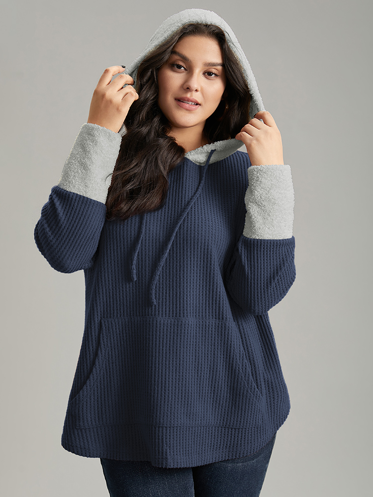 Plus Size Waffle Knit Pocket Hooded Patchwork Sweatshirt Women Navy Casual Waffle Knit Hooded Everyday Sweatshirts BloomChic 18-20/2X 