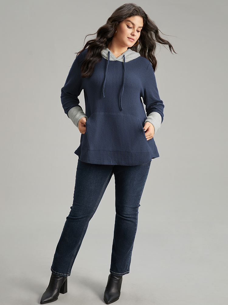 Plus Size Waffle Knit Pocket Hooded Patchwork Sweatshirt Women Navy Casual Waffle Knit Hooded Everyday Sweatshirts BloomChic 18-20/2X 