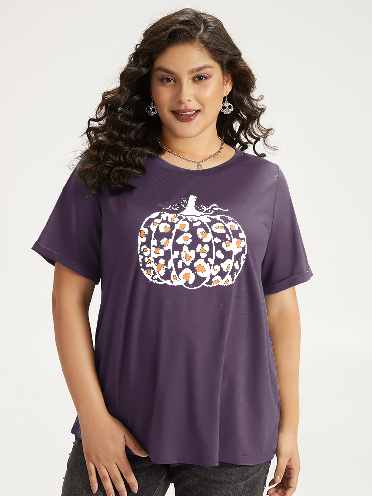 

Plus Size Halloween Pumpkin Print Crew Neck T-shirt Eggplant Women Casual Printed Halloween Round Neck Dailywear T-shirts BloomChic