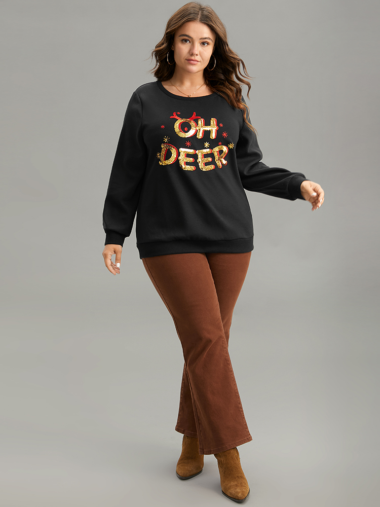 Plus Size Christmas Letter Print Sequin Embroidered Sweatshirt Women Black Casual Sequin Festival-Christmas Sweatshirts BloomChic 18-20/2X 