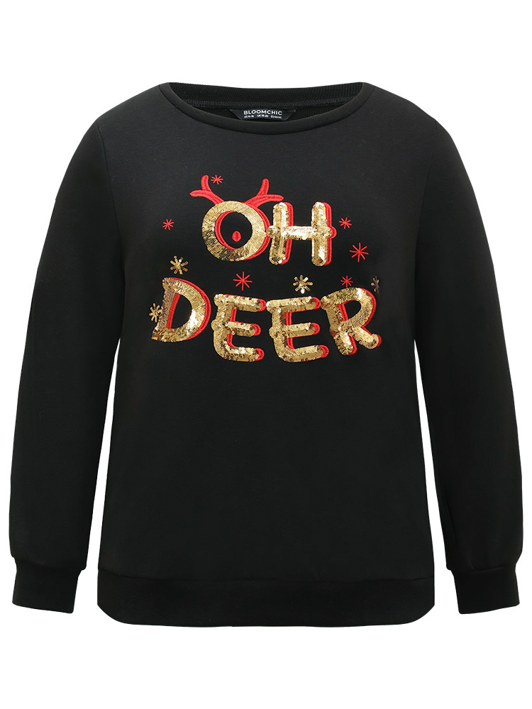 Plus Size Christmas Letter Print Sequin Embroidered Sweatshirt Women Black Casual Sequin Festival-Christmas Sweatshirts BloomChic 18-20/2X 