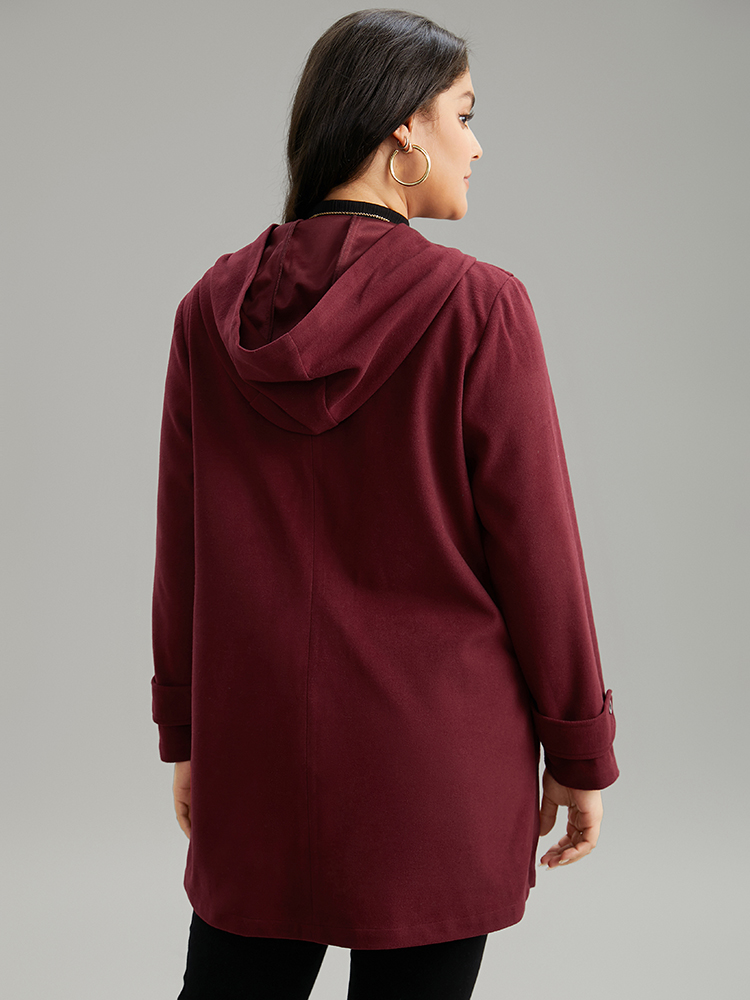 Plus Size Plain Duffle Button Pocket Hooded Coat Women Burgundy Casual Contrast Ladies Dailywear Winter Coats BloomChic 12/L 