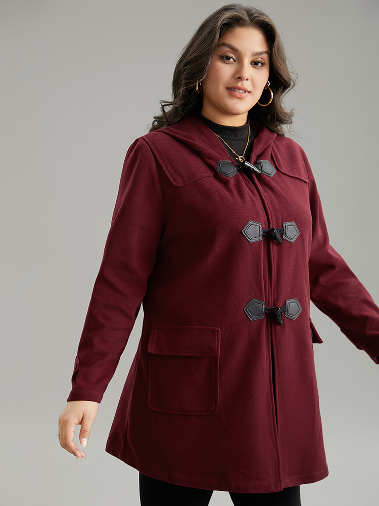 Plus Size Plain Duffle Button Pocket Hooded Coat Women Burgundy Casual Contrast Ladies Dailywear Winter Coats BloomChic 12/L 