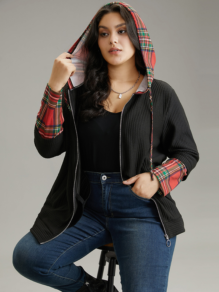 Plus Size Christmas Plaid Patchwork Hooded Zipper Sweatshirt Women Black Casual Contrast Hooded Dailywear Sweatshirts BloomChic 18-20/2X 