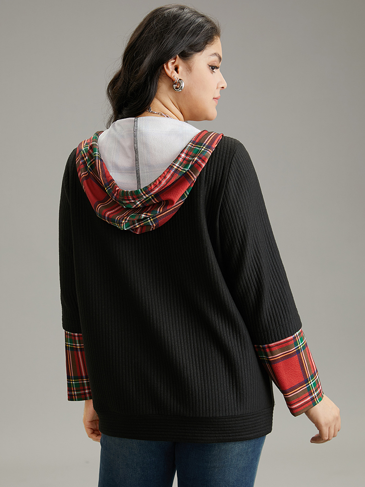 Plus Size Christmas Plaid Patchwork Hooded Zipper Sweatshirt Women Black Casual Contrast Hooded Dailywear Sweatshirts BloomChic 18-20/2X 