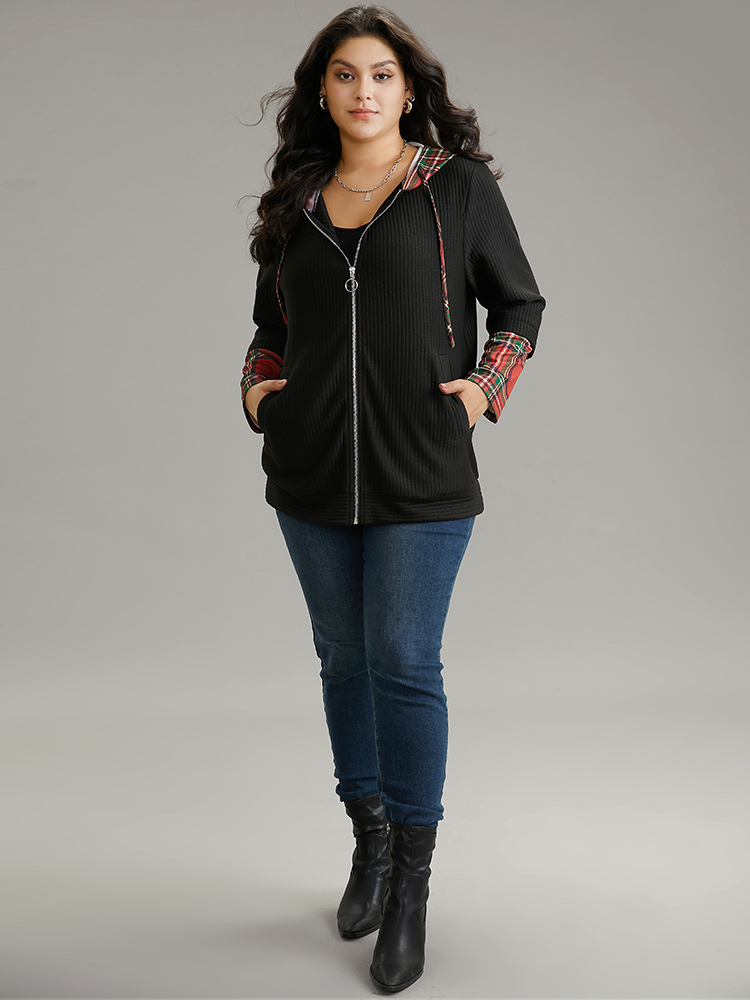 Plus Size Christmas Plaid Patchwork Hooded Zipper Sweatshirt Women Black Casual Contrast Hooded Dailywear Sweatshirts BloomChic 18-20/2X 