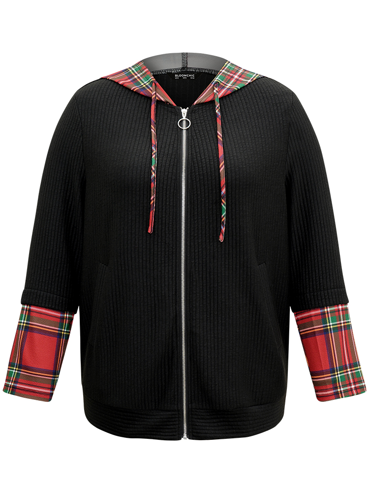 

Plus Size Christmas Plaid Patchwork Hooded Zipper Sweatshirt Women Black Casual Contrast Hooded Dailywear Sweatshirts BloomChic