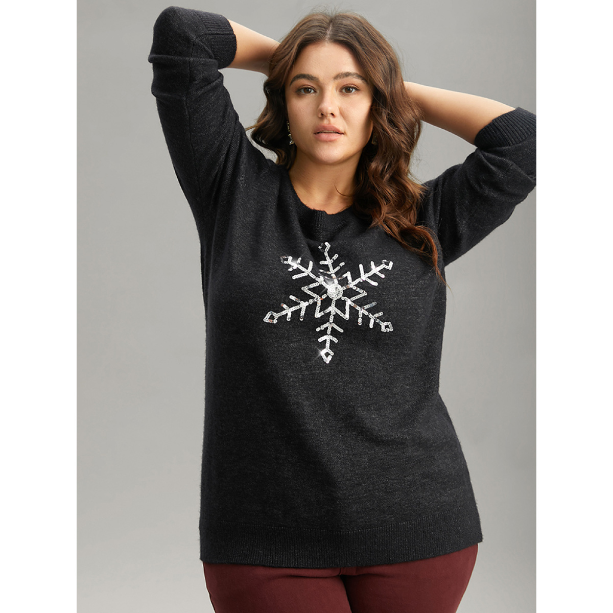 

Plus Size Anti-Pilling Sequin Snowflake Round Neck Pullover Black Women Casual Loose Long Sleeve Round Neck Festival-Christmas Pullovers BloomChic