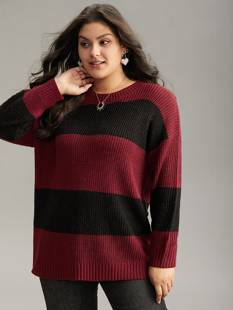 

Plus Size Sparkly Two Tone Colorblock Pullover Scarlet Women Casual Loose Long Sleeve Round Neck Dailywear Pullovers BloomChic