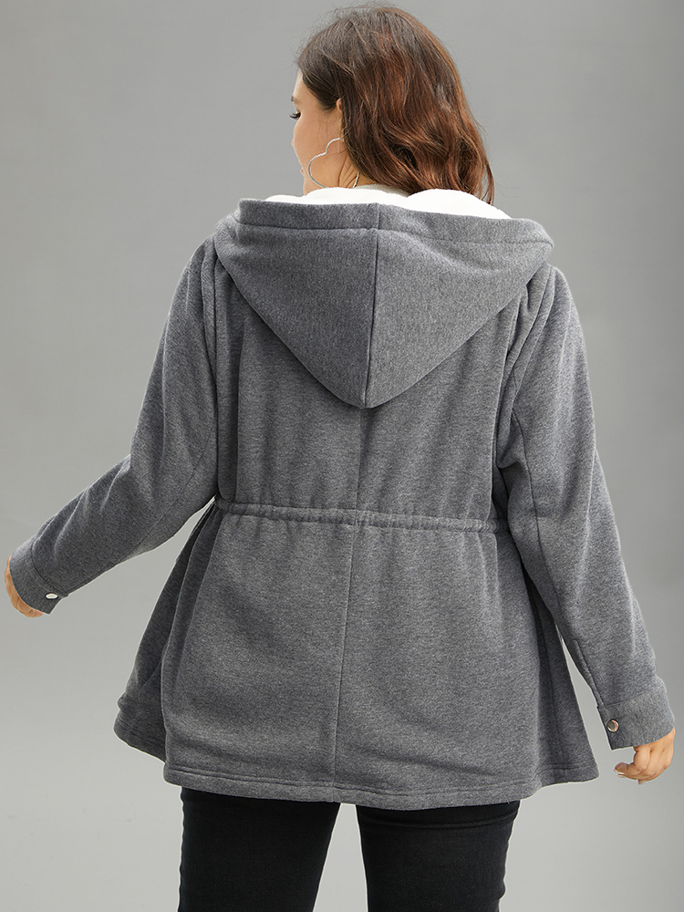 Plus Size Solid Zipper Button Through Hooded Fluffy Coat Women DimGray Casual Lined Ladies Dailywear Winter Coats BloomChic 18-20/2X 