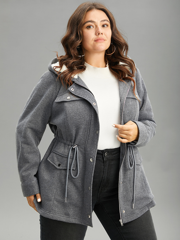 Plus Size Solid Zipper Button Through Hooded Fluffy Coat Women DimGray Casual Lined Ladies Dailywear Winter Coats BloomChic 18-20/2X 