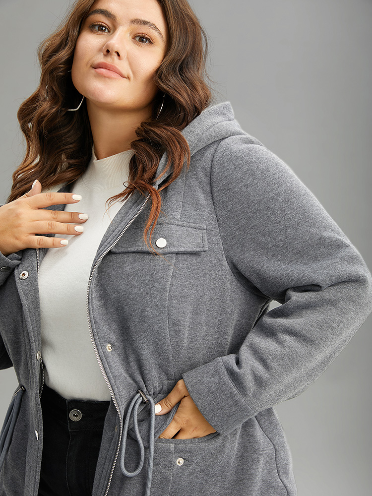 Plus Size Solid Zipper Button Through Hooded Fluffy Coat Women DimGray Casual Lined Ladies Dailywear Winter Coats BloomChic 18-20/2X 