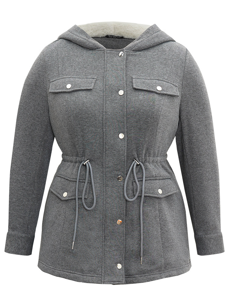 Plus Size Solid Zipper Button Through Hooded Fluffy Coat Women DimGray Casual Lined Ladies Dailywear Winter Coats BloomChic 18-20/2X 