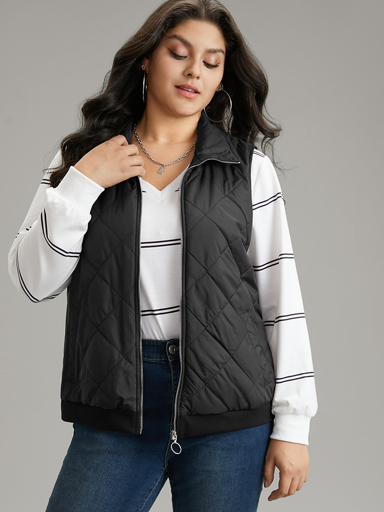 

Plus Size Plain Quilted O Ring Zipper Sleeveless Vest Black Casual Plain Dailywear Vests  Bloomchic