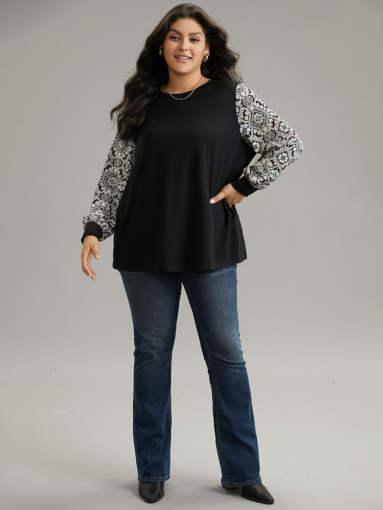 Plus Size Boho Print Patchwork Crew Neck T-shirt Black Women Elegant Printed Bohemian Print Round Neck Dailywear T-shirts BloomChic 26/4X 