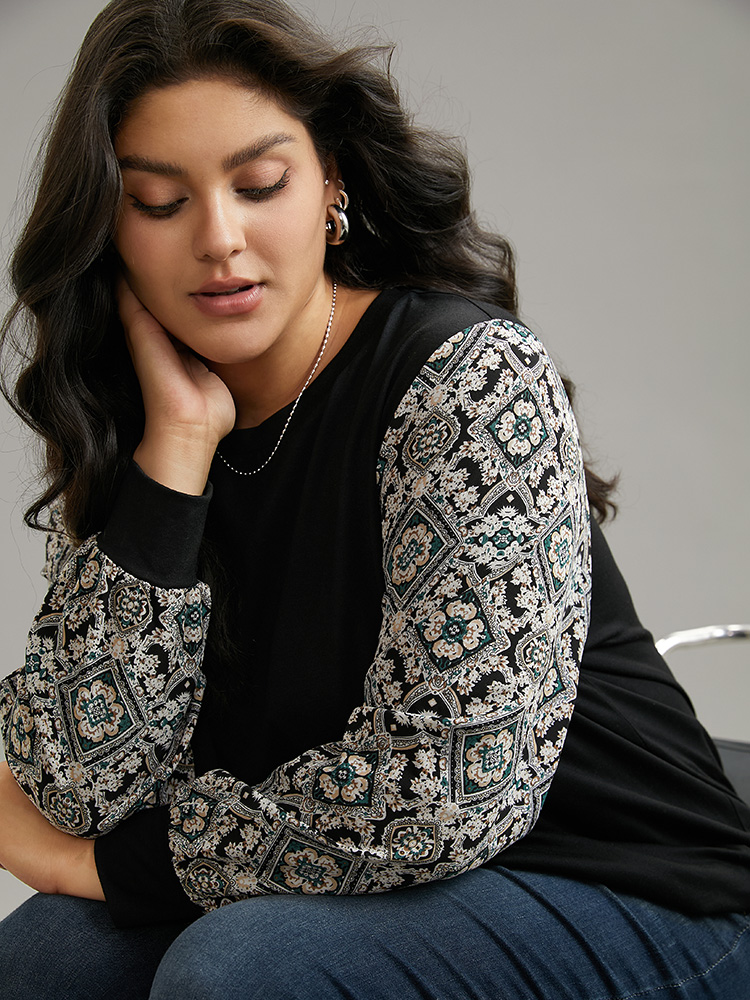 Plus Size Boho Print Patchwork Crew Neck T-shirt Black Women Elegant Printed Bohemian Print Round Neck Dailywear T-shirts BloomChic 26/4X 