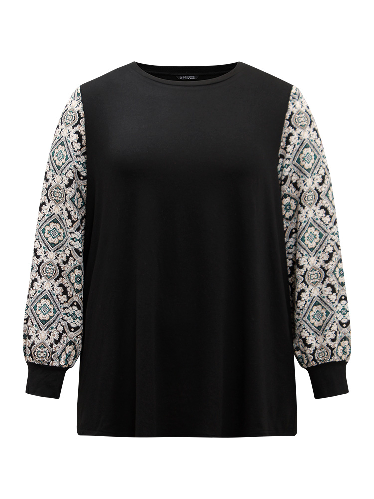 Plus Size Boho Print Patchwork Crew Neck T-shirt Black Women Elegant Printed Bohemian Print Round Neck Dailywear T-shirts BloomChic 26/4X 