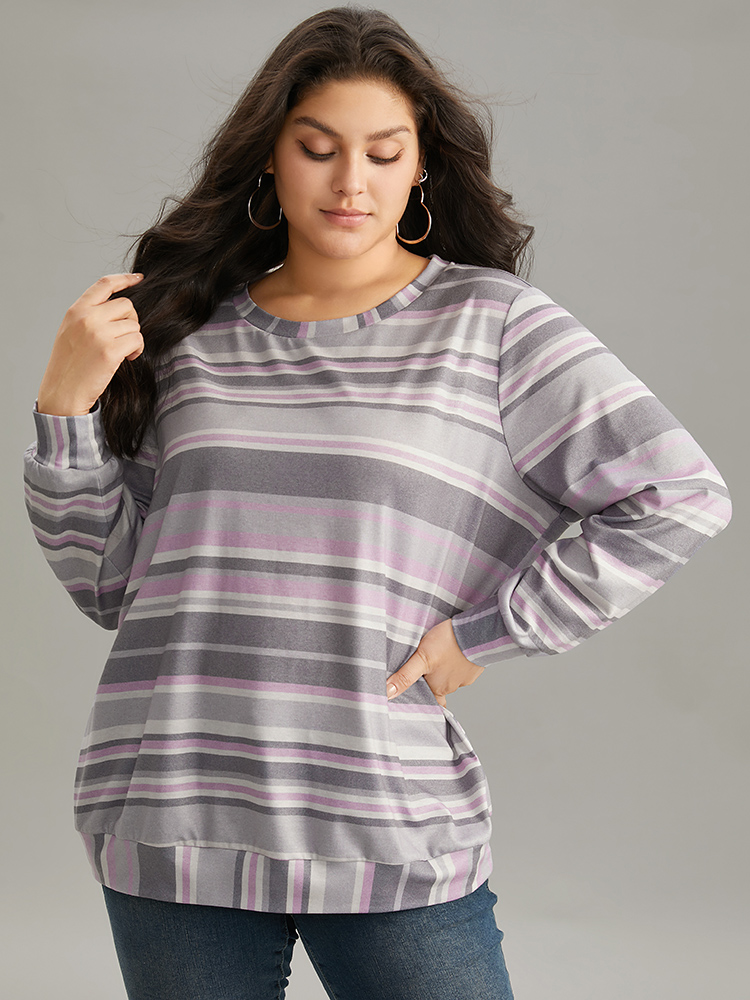 Plus Size Women Dailywear Striped Regular Regular Sleeve Long Sleeve Round Neck Casual Sweatshirts BloomChic 