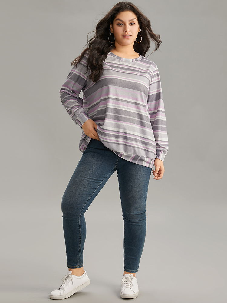 Plus Size Women Dailywear Striped Regular Regular Sleeve Long Sleeve Round Neck Casual Sweatshirts BloomChic 