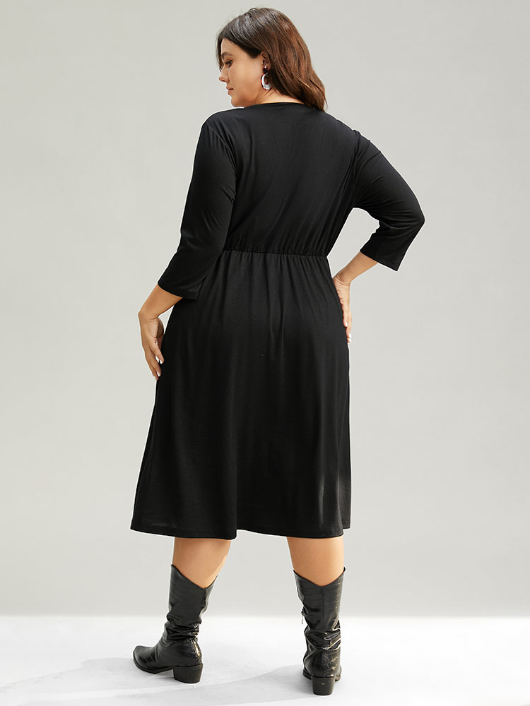 Plus Size Christmas Embroidered Star Elastic Waist Dress Black Women Casual Embroidered Round Neck Elbow-length sleeve Curvy Midi Dress BloomChic 22-24/3X 