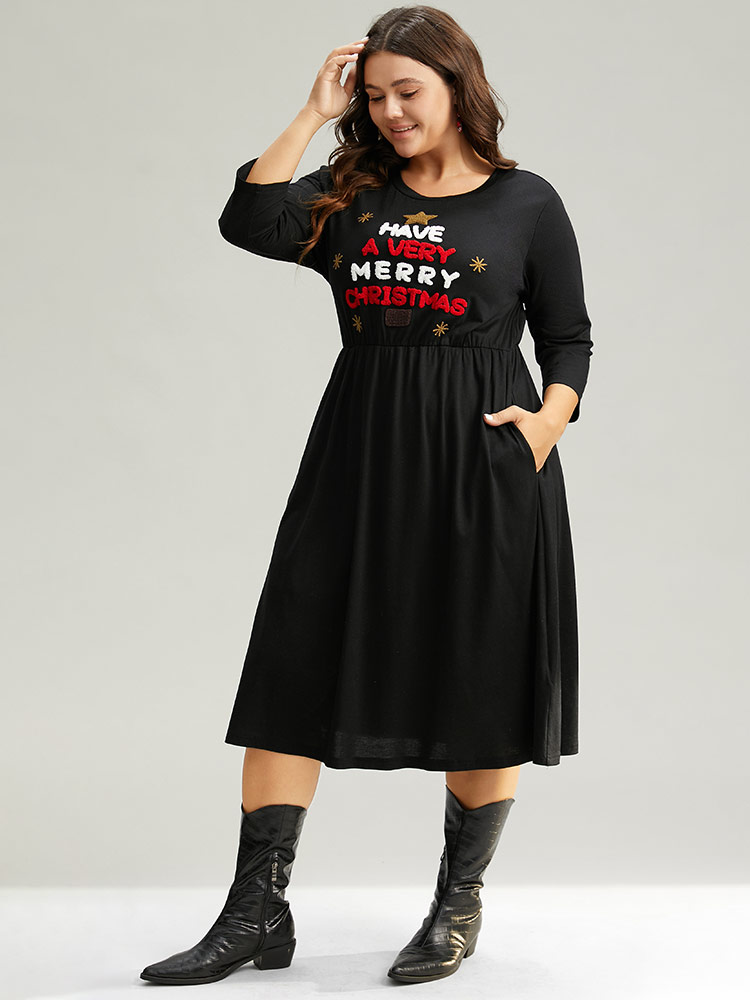 Plus Size Christmas Embroidered Star Elastic Waist Dress Black Women Casual Embroidered Round Neck Elbow-length sleeve Curvy Midi Dress BloomChic 22-24/3X 