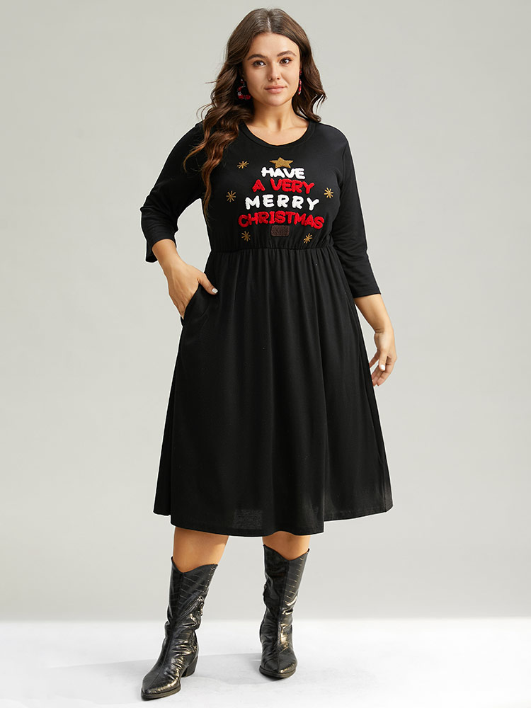 Plus Size Christmas Embroidered Star Elastic Waist Dress Black Women Casual Embroidered Round Neck Elbow-length sleeve Curvy Midi Dress BloomChic 22-24/3X 