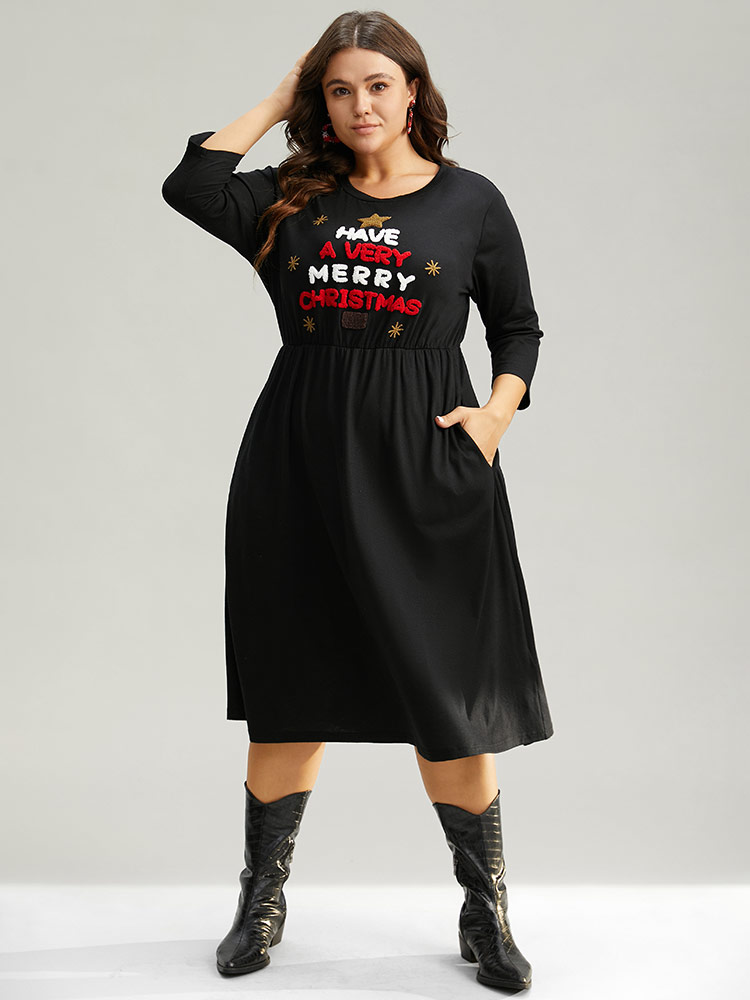 Plus Size Christmas Embroidered Star Elastic Waist Dress Black Women Casual Embroidered Round Neck Elbow-length sleeve Curvy Midi Dress BloomChic 22-24/3X 