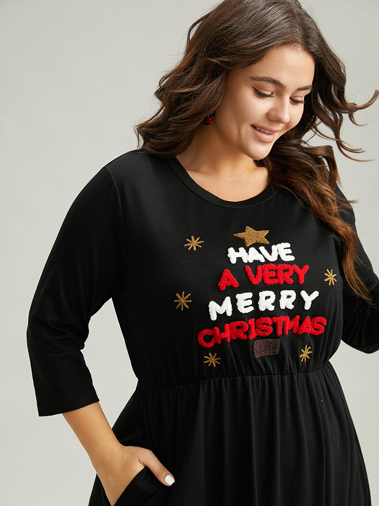 Plus Size Christmas Embroidered Star Elastic Waist Dress Black Women Casual Embroidered Round Neck Elbow-length sleeve Curvy Midi Dress BloomChic 22-24/3X 