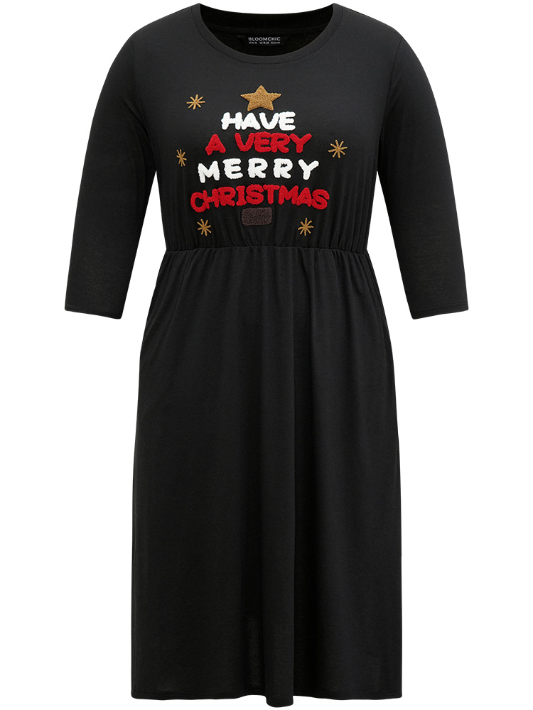 Plus Size Christmas Embroidered Star Elastic Waist Dress Black Women Casual Embroidered Round Neck Elbow-length sleeve Curvy Midi Dress BloomChic 22-24/3X 