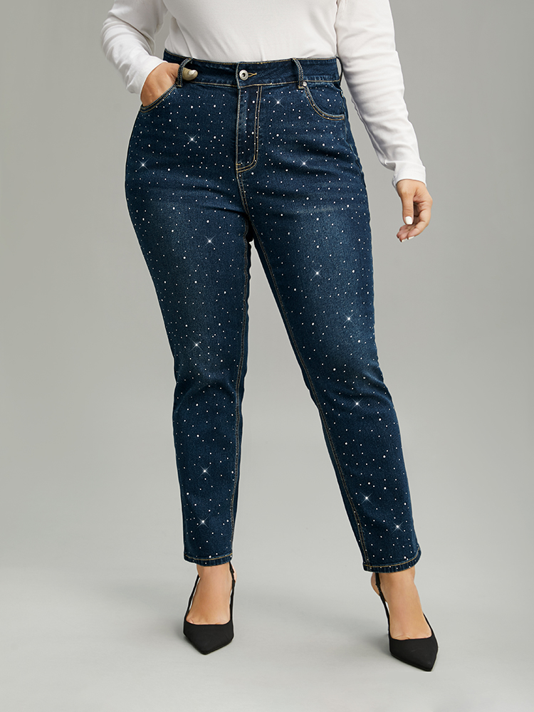 

Plus Size Rhinestone Detail Dark Wash Straight Leg Jeans Women DarkBlue Casual Plain Rhinestone detailing High stretch Pocket Jeans BloomChic