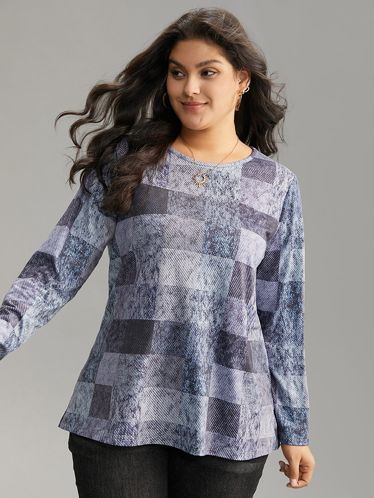 Plus Size Colorblock Contrast Plaid Round Neck T-shirt Aegean Women Casual Contrast Plaid Round Neck Dailywear T-shirts BloomChic 22-24/3X 
