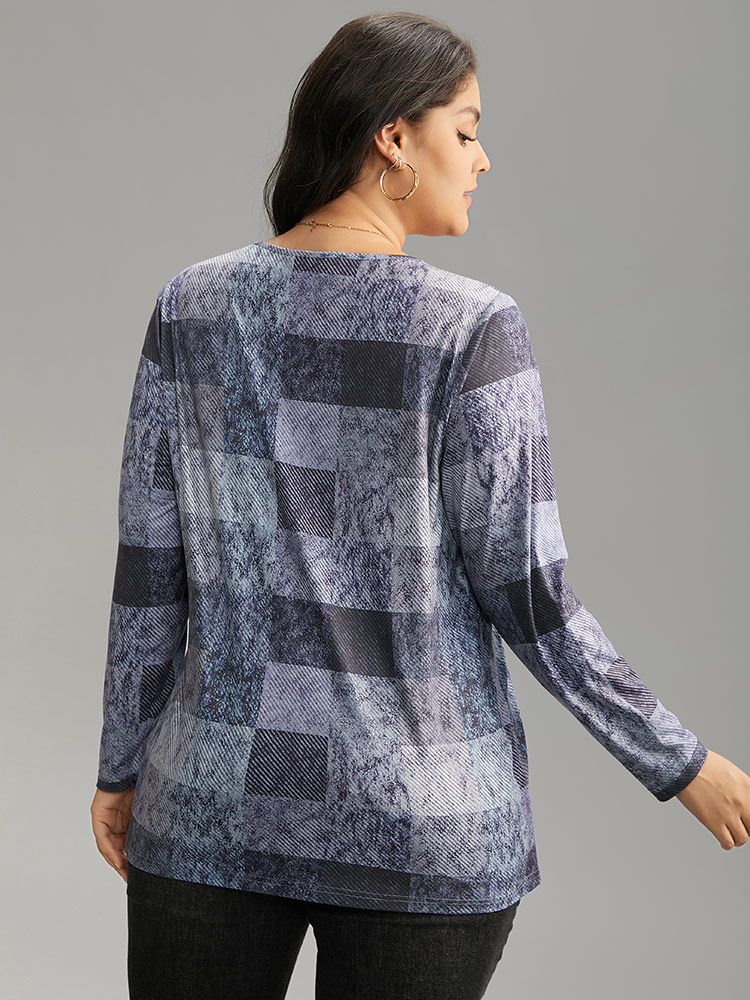 Plus Size Colorblock Contrast Plaid Round Neck T-shirt Aegean Women Casual Contrast Plaid Round Neck Dailywear T-shirts BloomChic 22-24/3X 