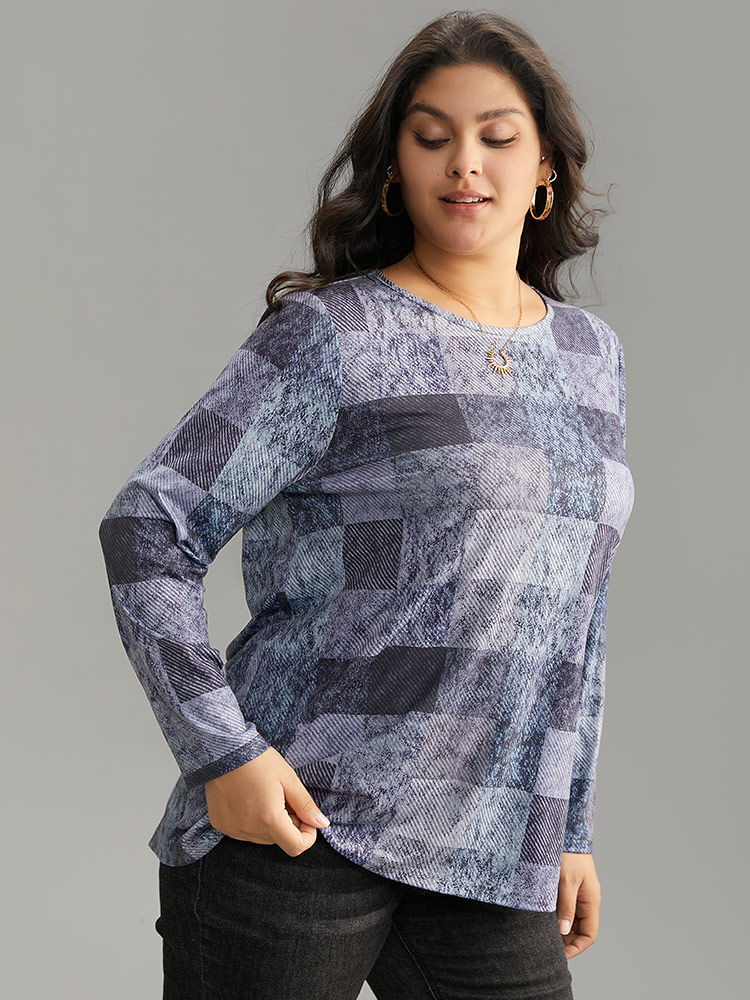 Plus Size Colorblock Contrast Plaid Round Neck T-shirt Aegean Women Casual Contrast Plaid Round Neck Dailywear T-shirts BloomChic 22-24/3X 