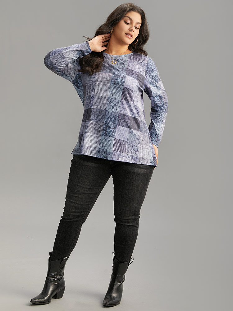 Plus Size Colorblock Contrast Plaid Round Neck T-shirt Aegean Women Casual Contrast Plaid Round Neck Dailywear T-shirts BloomChic 22-24/3X 