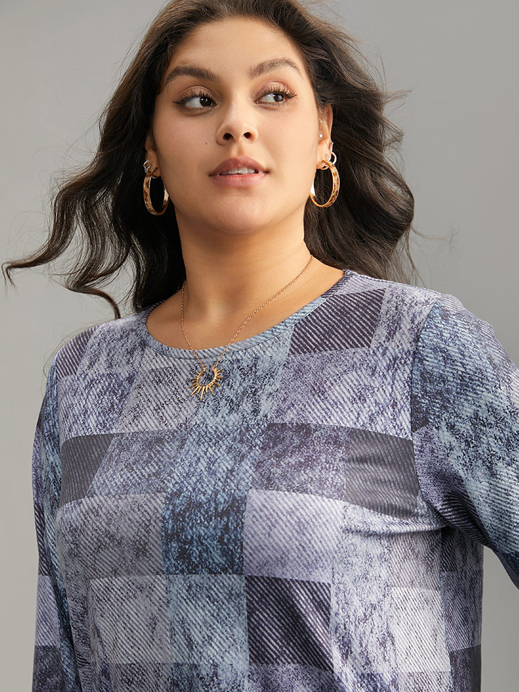 Plus Size Colorblock Contrast Plaid Round Neck T-shirt Aegean Women Casual Contrast Plaid Round Neck Dailywear T-shirts BloomChic 22-24/3X 