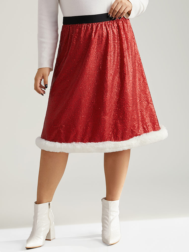 

Plus Size Christmas Sequin Patchwork Fuzzy Trim Skirt Women Scarlet Glamour Sequin No stretch Festival-Christmas Skirts BloomChic