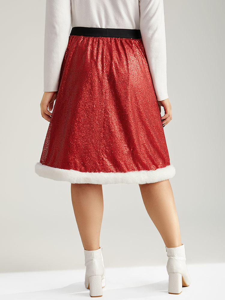 Plus Size Christmas Sequin Patchwork Fuzzy Trim Skirt Women Scarlet Glamour Sequin No stretch Festival-Christmas Skirts BloomChic 12/L 