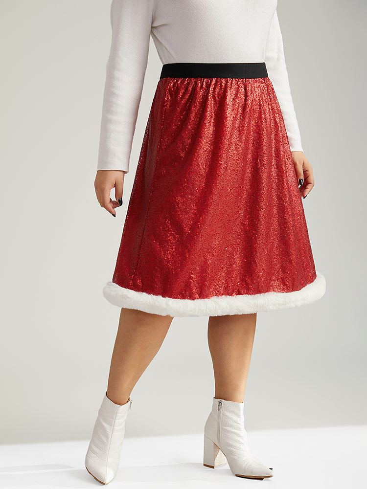Plus Size Christmas Sequin Patchwork Fuzzy Trim Skirt Women Scarlet Glamour Sequin No stretch Festival-Christmas Skirts BloomChic 12/L 