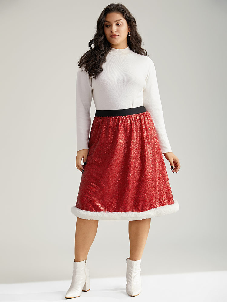 Plus Size Christmas Sequin Patchwork Fuzzy Trim Skirt Women Scarlet Glamour Sequin No stretch Festival-Christmas Skirts BloomChic 12/L 