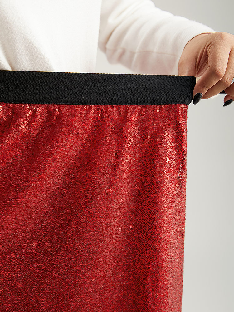 Plus Size Christmas Sequin Patchwork Fuzzy Trim Skirt Women Scarlet Glamour Sequin No stretch Festival-Christmas Skirts BloomChic 12/L 
